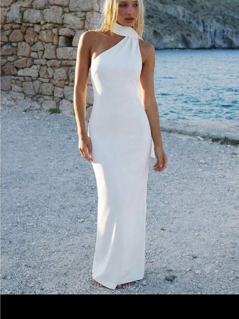 White One-Shoulder Maxi Dress with Twist Neck
